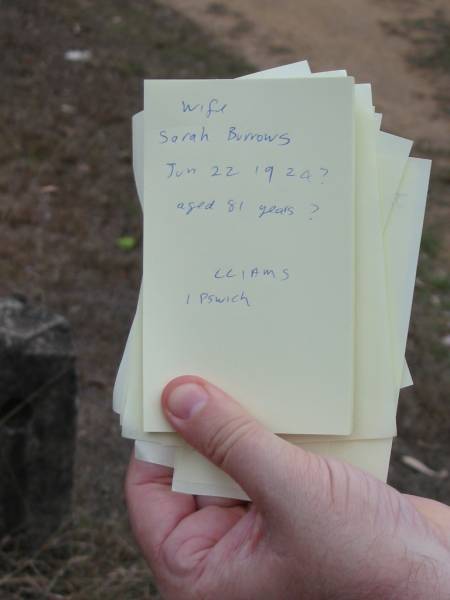 wife Sarah BURROWS, died 22 June 1924?, aged 81? years;  | Goodna General Cemetery, Ipswich.  | 