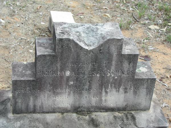 <a href=SCHOLES.html>Richard Battersby SCHOLES,</a> M.S.C.M. medical superintendant of Woogaroo, 8 July 1898 aged 48 years;  | Goodna General Cemetery, Ipswich.  | Research Contact: <a href= mailto:jggow@bigpond.com >Glennys Gow, Lismore NSW (jggow@bigpond.com)</a>  |   |   | 