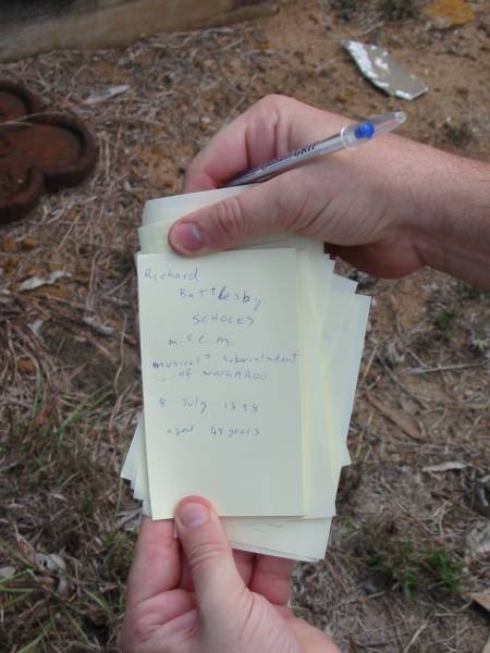 <a href=SCHOLES.html>Richard Battersby SCHOLES,</a> M.S.C.M. medical superintendant of Woogaroo, 8 July 1898 aged 48 years;  | Goodna General Cemetery, Ipswich.  | Research Contact: <a href= mailto:jggow@bigpond.com >Glennys Gow, Lismore NSW (jggow@bigpond.com)</a>  |   |   | 