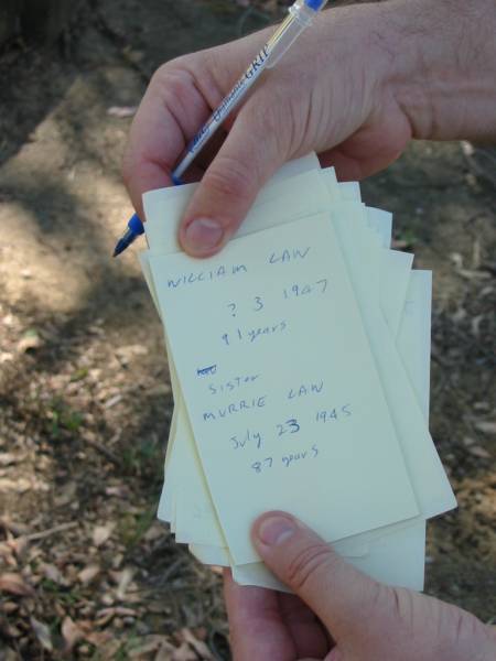 William LAW, ?? 3 1947, 91 years;  | sister Murrie LAW, July 3 1945, 87 years;  | Goodna General Cemetery, Ipswich.  | 