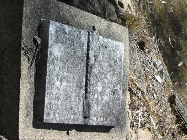 Elizabeth A. KELSEY died 3 Oct 1953;  | William E. KELSEY died 23 May 1919;  | Owen C. KELSEY died 9 Apr 1953;  | Ezekiel KELSEY died 18 May 1891;  | Eliza KELSEY died 15 July 1898;  | Owen KELSEY died 20 Feb 1929;  | Goodna General Cemetery, Ipswich.  | 