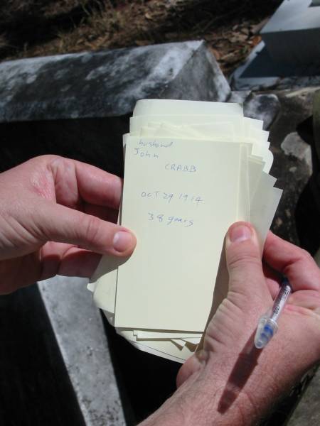 husband John CRABB died 29 Oct 1914 aged 38 years;  | Goodna General Cemetery, Ipswich.  | 