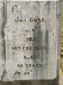 
Ellen M. JOHNS,
niece,
died 5 March 1927 aged 16 years;
Jas. (Lan) GOAN,
died 14 Dec 1928 aged 50 years;
Goomeri cemetery, Kilkivan Shire
