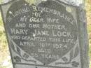 
Mary Jane LOCK,
wife mother,
died 18 April 1924 aged 55 years;
Goomeri cemetery, Kilkivan Shire
