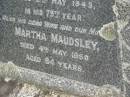 
Roger MAUDSLEY,
husband father,
died 2 May 1943 in 79th year;
Martha MAUDSLEY,
wife mother,
died 4 May 1950 aged 94 years;
Goomeri cemetery, Kilkivan Shire
