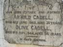 
Arnold CADELL,
father,
died 6 June 1943 aged 38 years;
Olive CADELL,
mother,
died 9 Nv 1944 aged 34 years;
Goomeri cemetery, Kilkivan Shire
