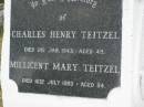 
Charles Henry TEITZEL,
died 2 Jan 1943 aged 49 years;
Millicent Mary TIETZEL,
died 10 July 1993 aged 94 years;
Goomeri cemetery, Kilkivan Shire
