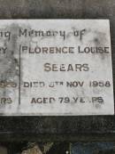 
John Henry SEEARS,
died 20 Aug 1955 aged 75 years;
Florence Louise SEEARS,
died 5 Nov 1958 aged 79 years;
Goomeri cemetery, Kilkivan Shire
