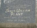 
James William PLANT,
husband father grandfather,
died 12-12-1959 aged 76 years;
Goomeri cemetery, Kilkivan Shire
