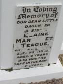 
Elaine Margaret TEAGUE,
daughter sister,
29 Aug 1952 aged 10 years 10 months;
Goomeri cemetery, Kilkivan Shire

