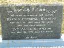 
Harold Percival STANTON,
husband father,
died 19 Oct 1965 aged 78 years;
Ivy Alice STANTON,
mother,
died 31 May 1975 aged 84 years;
Goomeri cemetery, Kilkivan Shire

