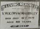 
V.W.K. (Wyn) MAUDSLEY,
died 16 July 1970 aged 80 years;
Goomeri cemetery, Kilkivan Shire
