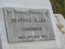 
Beatrice Ellen CHARMAN,
died 3 July 1977;
Goomeri cemetery, Kilkivan Shire
