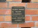 
Gilbert Ramsay Walker CURREY,
3-7-1897 - 9-1-1984;
Lilian Ernestine CURREY,
11-2-1894 - 24-9-1961;
Goomeri cemetery, Kilkivan Shire
