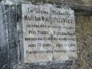 
Mary Ann WRIGHT,
wife of Peel WRIGHT,
died 5 Aug 1923 aged 72 years;
Peel WRIGHT,
husband of Mary Ann WRIGHT,
died 30 Aug 1925 aged 72 years;
Goomeri cemetery, Kilkivan Shire
