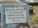 
S.T. ROBSON,
born 29 April 1881,
died 13 Aug 1953;
Goomeri cemetery, Kilkivan Shire
