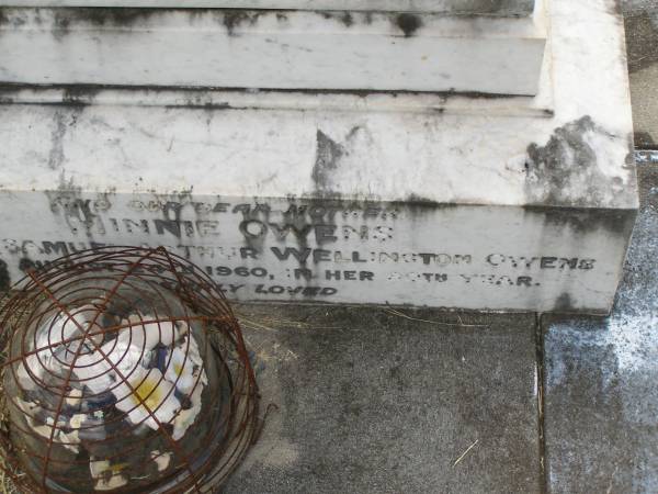 Samuel Arthur Wellington OWENS,  | died 16 March 1914 aged 60 years;  | Minnie OWENS,  | mother,  | wife Samuel Arthur Wellington OWENS,  | died 24 Aug 1960 in 90th year;  | Goomeri cemetery, Kilkivan Shire  | 