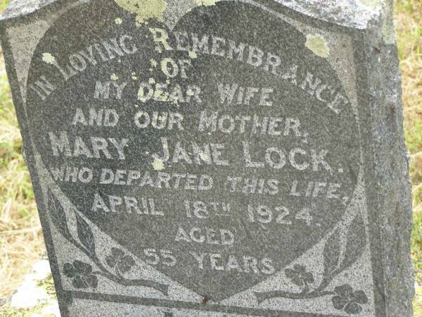 Mary Jane LOCK,  | wife mother,  | died 18 April 1924 aged 55 years;  | Goomeri cemetery, Kilkivan Shire  | 