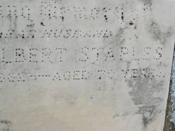 George Albert STAPLES,  | husband,  | died 13 Dec 1932 aged 70 years;  | Goomeri cemetery, Kilkivan Shire  | 