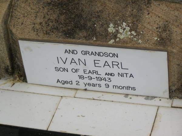 George J. (Tom) DEDERER,  | husband father,  | 1888 - 1938;  | Iva Earl,  | granson,  | son of Earl & Nita,  | died 18-9-1943 aged 2 years 9 months;  | Goomeri cemetery, Kilkivan Shire  | 