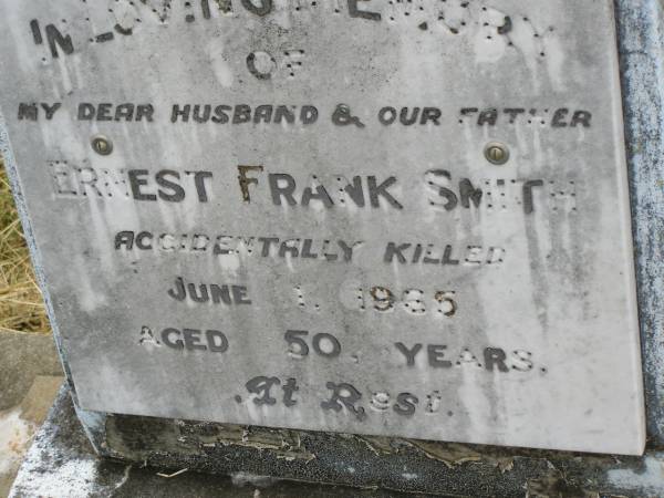 Ernest Frank SMITH,  | husband father,  | accidentally killed 1 June 1965 aged 50 years;  | Goomeri cemetery, Kilkivan Shire  | 