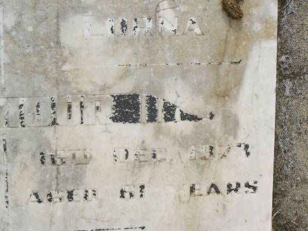 Alan Mossman GILMOUR,  | died 5 Oct 1966 aged 58 years;  | Lorna GILMOUR,  | died 16 Dec 1973 aged 51 years;  | Goomeri cemetery, Kilkivan Shire  | 