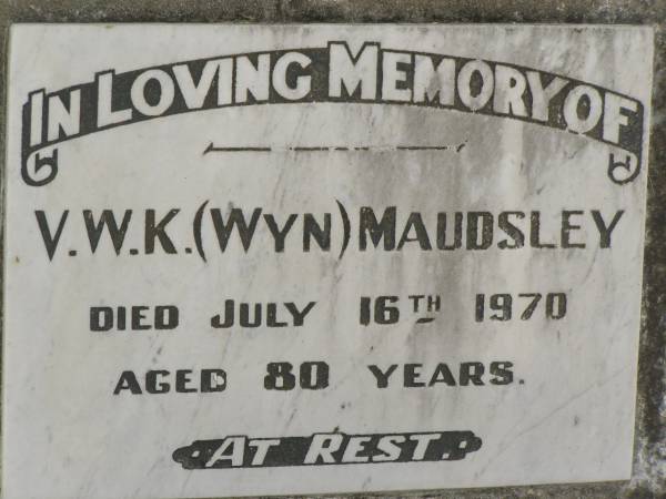V.W.K. (Wyn) MAUDSLEY,  | died 16 July 1970 aged 80 years;  | Goomeri cemetery, Kilkivan Shire  | 