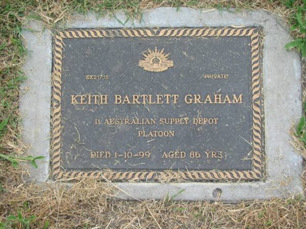 Keith Bartlett GRAHAM,  | died 1-10-99 aged 86 years;  | Goomeri cemetery, Kilkivan Shire  | 