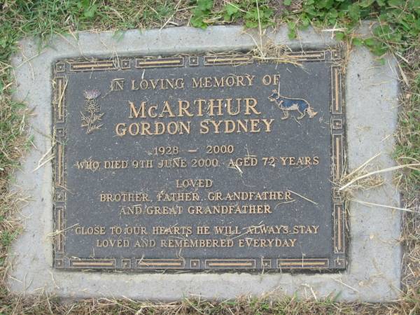 Gordon Sydney MCARTHUR,  | 1938 - 2000,  | died 9 June 2000 aged 72 years,  | brother father grandfather great-grandfather;  | Goomeri cemetery, Kilkivan Shire  | 