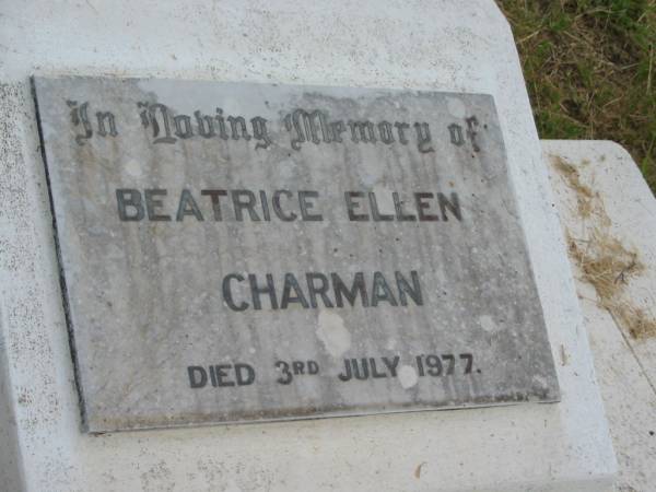 Beatrice Ellen CHARMAN,  | died 3 July 1977;  | Goomeri cemetery, Kilkivan Shire  | 