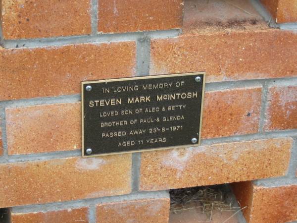 Steven Mark MCINTOSH,  | son of Alec & Betty,  | brother of Paul & Glenda,  | died 23-8-1971 aged 11 years;  | Goomeri cemetery, Kilkivan Shire  | 