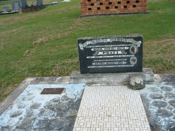 Basil David (Buck) PRATT,  | husband father grandad,  | died 21 May 1977 aged 63 years;  | Desma Maud (Bid),  | mother nana,  | died 31 July 1984 aged 69 years;  | B.D. PRATT,  | died 21 May 1977 aged 63 years;  | Goomeri cemetery, Kilkivan Shire  | 
