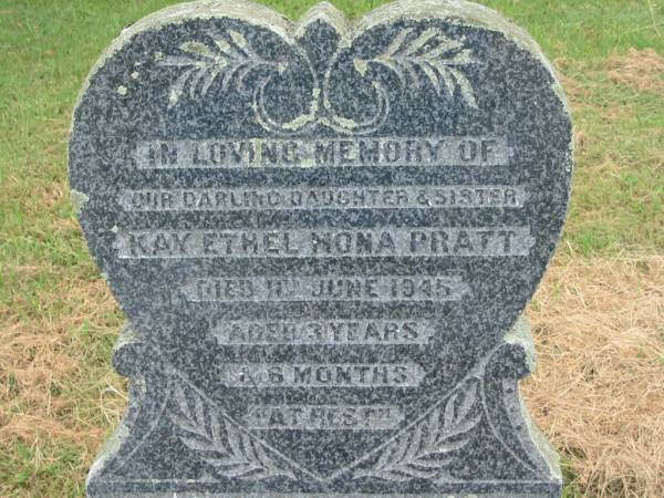 Kay Ethel Nona PRATT,  | daughter sister,  | died 11 June 1945 aged 3 years 6 months;  | Goomeri cemetery, Kilkivan Shire  | 