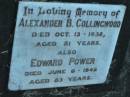 
Alexander B. COLLINGWOOD,
died 13 Oct 1932 aged 81 years;
Edward POWER,
died 6 June 1942 aged 83 years;
Grandchester Cemetery, Ipswich
