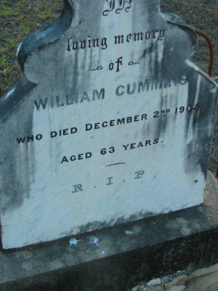William CUMMING,  | died 2 Dec 1905 aged 63 years;  | Grandchester Cemetery, Ipswich  | 