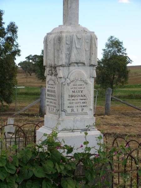 Mary BROSNAN,  | died Warwick 19 Sept 1919 aged 64 years;  | Michael BROSNAN,  | died Greenmount 18 April 1912 aged 79 years;  | Greenmount cemetery, Cambooya Shire  | 