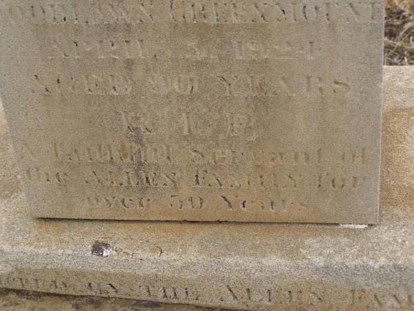 John (Cranky Jack) SLATERY,  | died Woodlawn Greenmount 8 April 1924  | aged 90 (92?) years,  | servant of the ALLEN family over 50? years;  | Greenmount cemetery, Cambooya Shire  |   | 