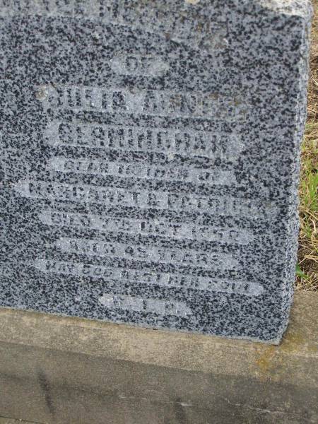 Julia Agnes BERMINGHAM,  | mother of Margaret & Patricia,  | died 7 Oct 1952 aged 45 years;  | Greenmount cemetery, Cambooya Shire  | 