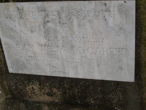 Sarah Julia MCCARTHY,  | mother,  | died 17 July 1964;  | Greenmount cemetery, Cambooya Shire  | 