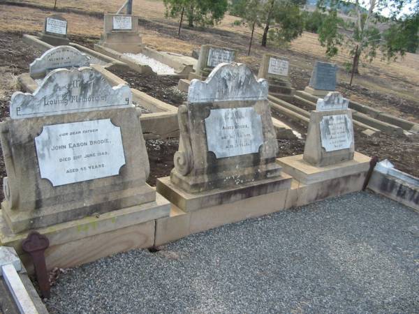 John Eason BRODIE,  | father,  | died 21 June 1949 aged 85 years;  | Agnes BRODIE,  | wife,  | died 31 Jan 1927 aged 53 years;  | John Daniel,  | aged 8 months;  | Colin,  | died in infancy;  | sons of J.L. & G. BRODIE;  | Greenmount cemetery, Cambooya Shire  | 