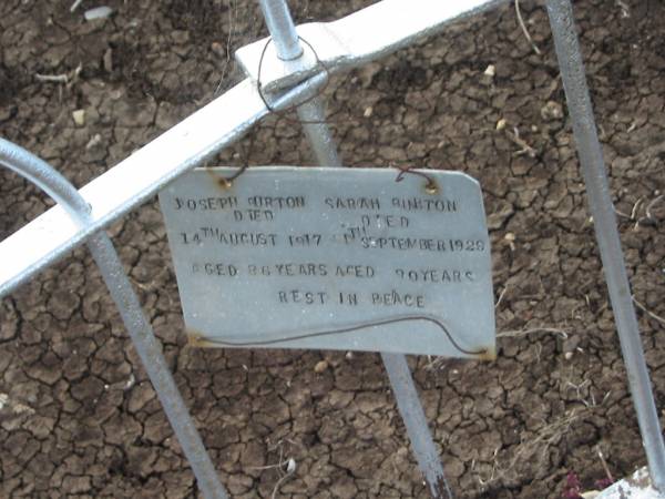 Joseph BURTON,  | died 14 Aug 1917 aged 86 years;  | Sarah BURTON,  | died 11 Sept 1929 aged 90 years;  | Greenmount cemetery, Cambooya Shire  | 