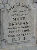 Mary BROSNAN,
died Warwick 19 Sept 1919 aged 64 years;
Michael BROSNAN,
died Greenmount 18 April 1912 aged 79 years;
Greenmount cemetery, Cambooya Shire