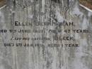 Ellen BERMINGHAM,
mother,
died 9 June 1929 aged 47 years;
Eileen,
daughter,
died 5 Jan 1912 aged 1 year;
Greenmount cemetery, Cambooya Shire