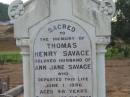 SAVAGE-ARMSTRONG;
Thomas Henry SAVAGE,
wife of Ann Jane SAVAGE,
died 1 June 1896 aged 46 years;
Ann Jan SAVAGE,
wife,
died 1 Dec 1932 in 80th years;
Greenmount cemetery, Cambooya Shire