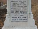 SAVAGE-ARMSTRONG;
Thomas Henry SAVAGE,
wife of Ann Jane SAVAGE,
died 1 June 1896 aged 46 years;
Ann Jan SAVAGE,
wife,
died 1 Dec 1932 in 80th years;
Greenmount cemetery, Cambooya Shire