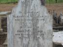 Alexander MCCULLAGH,
died 8 May 1891;
Anna MCCULLAGH,
wife,
died 17 Dec 1914;
SAVAGE-ARMSTRONG;
Greenmount cemetery, Cambooya Shire