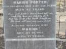 James PORTER,
husband of Marion PORTER,
died 14 Jan 1910 aged 62 years;
Marion,
wife,
died 20 Jan 1935 aged 77 years;
Greenmount cemetery, Cambooya Shire