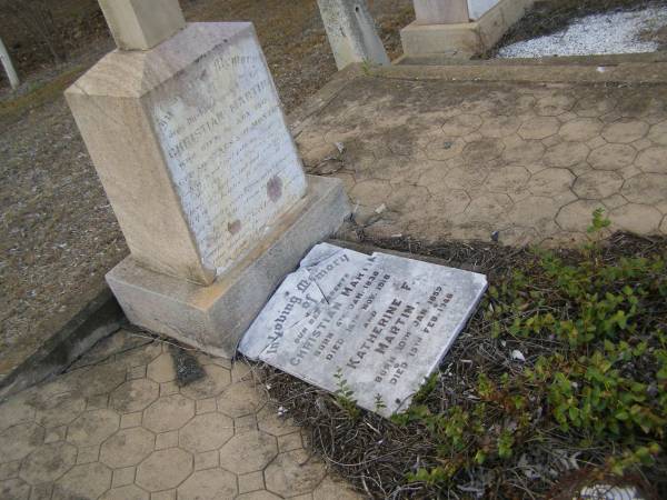 parents;  | Christian MARTIN,  | born 4 Jan 1838,  | died 16 Nov 1918 aged 80 years 11 months;  | Katherine F. MARTIN,  | born 10 Jan 1859,  | died 15 Feb 1946;  | Greenwood St Pauls Lutheran cemetery, Rosalie Shire  | 