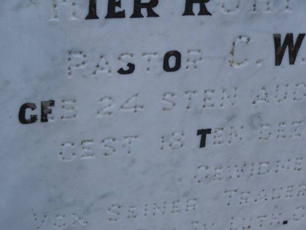 Pastor C.W. KEMPE,  | born 24 Aug 1888,  | died 13 December 1914;  | Greenwood St Pauls Lutheran cemetery, Rosalie Shire  | 