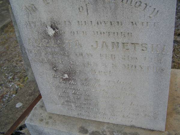 Augusta JANETSKI,  | wife mother,  | died 21 Feb 1913? aged 66 years 8 months;  | Greenwood St Pauls Lutheran cemetery, Rosalie Shire  | 